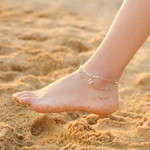 14K Gold Plated Dainty Layered Figaro Chain CZ Initial Anklets for Women & Girls